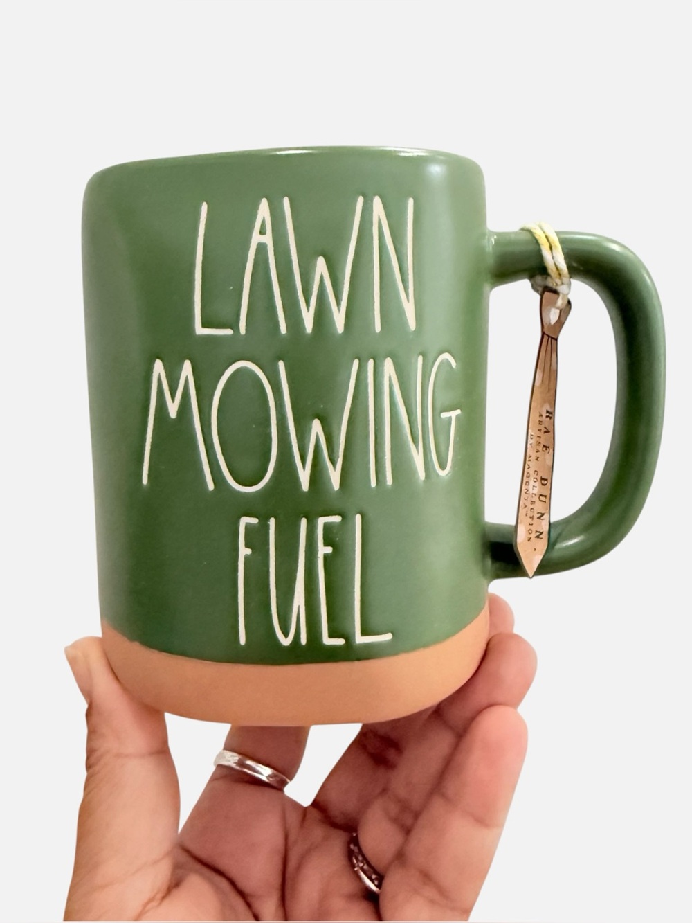 Rae Dunn "Lawn Mowing Fuel" Green Ceramic Mug
